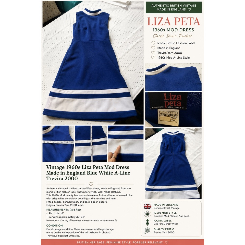 Vintage 1960s Liza Peta Mod Dress Made in England Blue White A-Line Trevira 2000